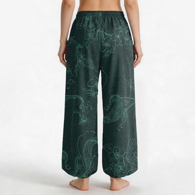 Buddha Stones Cotton Koi Fish Floral Pattern Women's Elastic Waist Harem Pants With Side Pockets - image 12