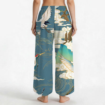 Buddha Stones Cotton Oriental Crane Wave Pattern Women's Elastic Waist Harem Pants With Side Pockets - image 9