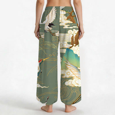 Buddha Stones Cotton Oriental Crane Wave Pattern Women's Elastic Waist Harem Pants With Side Pockets - image 12