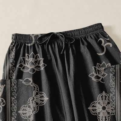 Buddha Stones Cotton Lotus Flowers Double Dorje Vajra Namaste OM Pattern Women's Elastic Waist Harem Pants With Side Pockets - image 5