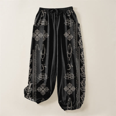 Buddha Stones Cotton Lotus Flowers Double Dorje Vajra Namaste OM Pattern Women's Elastic Waist Harem Pants With Side Pockets - image 3