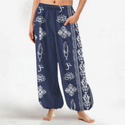 Foviel Baumwolle Lotus Blumen Doppel Dorje Vajra Namaste OM Muster Damen elastische Taille Harem Hose mit seitlichen Taschen