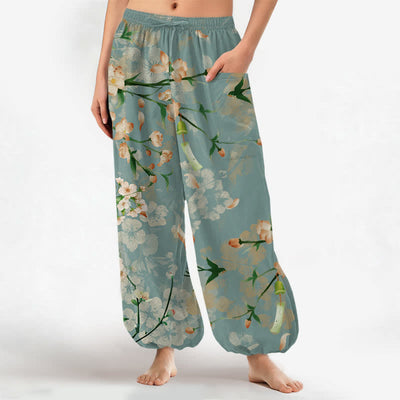 Buddha Stones Cotton Peach Blossoms Flying Birds Pattern Women's Elastic Waist Harem Pants With Side Pockets - CadetBlue - US16，UK/AU20，EU48 (3XL) - image 0