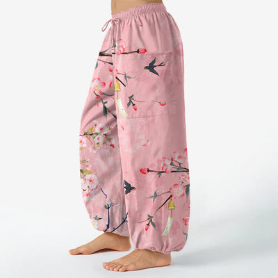 Buddha Stones Cotton Peach Blossoms Flying Birds Pattern Women's Elastic Waist Harem Pants With Side Pockets - image 8