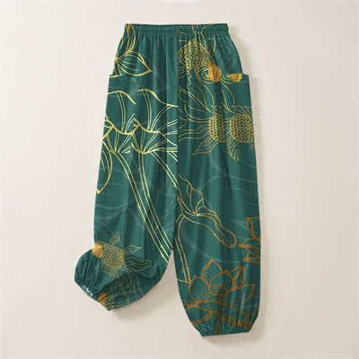 Buddha Stones Cotton Golden Lotus Koi Fish Pattern Women's Elastic Waist Harem Pants With Side Pockets - image 4