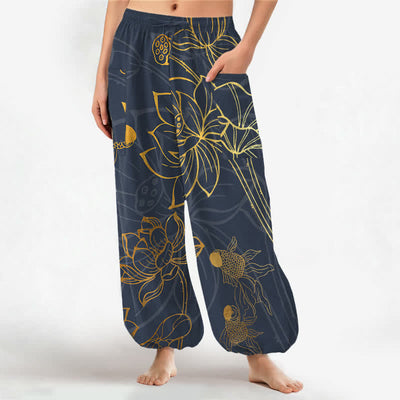 Buddha Stones Cotton Golden Lotus Koi Fish Pattern Women's Elastic Waist Harem Pants With Side Pockets - DimGray - US16，UK/AU20，EU48 (3XL) - image 7