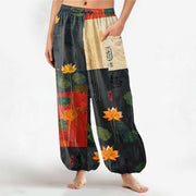 Foviel Cotton Oriental Lotus Leaves Patchwork Design Pattern Women's Elastic Waist Harem Pants With Side Pockets