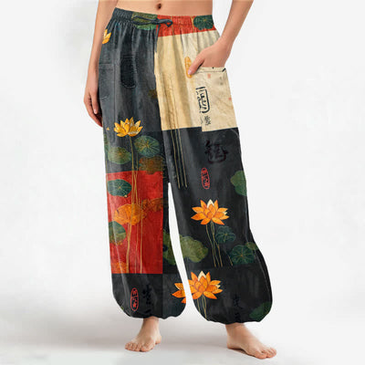 Buddha Stones Cotton Oriental Lotus Leaves Patchwork Design Pattern Women's Elastic Waist Harem Pants With Side Pockets - Black - US16，UK/AU20，EU48 (3XL) - image 0