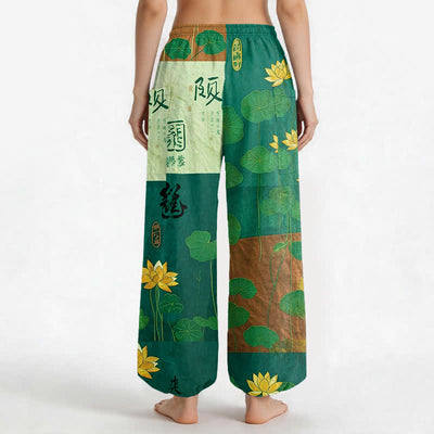 Buddha Stones Cotton Oriental Lotus Leaves Patchwork Design Pattern Women's Elastic Waist Harem Pants With Side Pockets - image 12