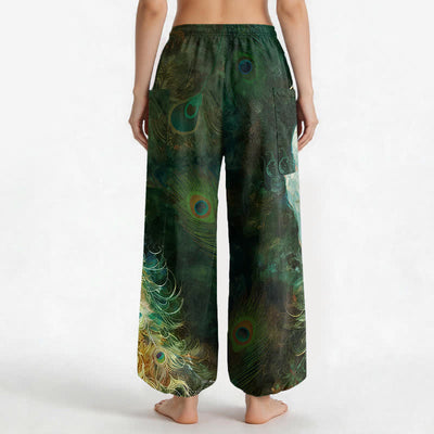 Buddha Stones Cotton White Peacock Feather Pattern Women's Elastic Waist Harem Pants With Side Pockets - image 12