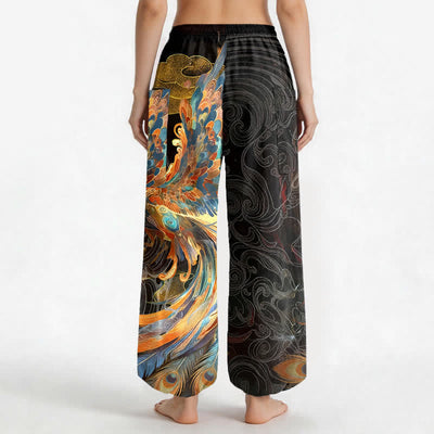 Buddha Stones Cotton Bohemian Flying Phoenix Feather Pattern Women's Elastic Waist Harem Pants With Side Pockets - image 2
