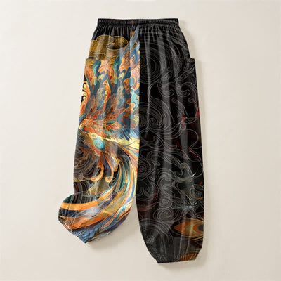 Buddha Stones Cotton Bohemian Flying Phoenix Feather Pattern Women's Elastic Waist Harem Pants With Side Pockets - image 4