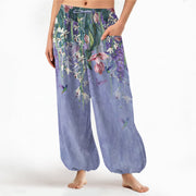 Foviel Baumwolle Vintage Wisteria Vögel Blumenmuster Damen elastische Taille Harem Hose mit seitlichen Taschen