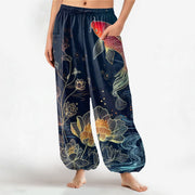 Foviel Baumwolle Koi Fisch Lotus Blumen Muster Damen elastische Taille Harem Hosen mit seitlichen Taschen