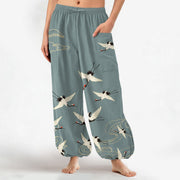 Foviel Cotton Oriental White Crane Cloud Pattern Women's Elastic Waist Harem Pants With Side Pockets