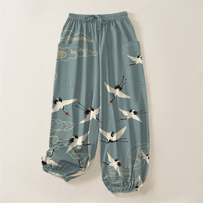 Buddha Stones Cotton Oriental White Crane Cloud Pattern Women's Elastic Waist Harem Pants With Side Pockets - image 3
