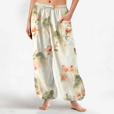 Buddha Stones Cotton Watercolor Floral Butterfly Pattern Women's Elastic Waist Harem Pants With Side Pockets - Ivory - US16，UK/AU20，EU48 (3XL) - image 0