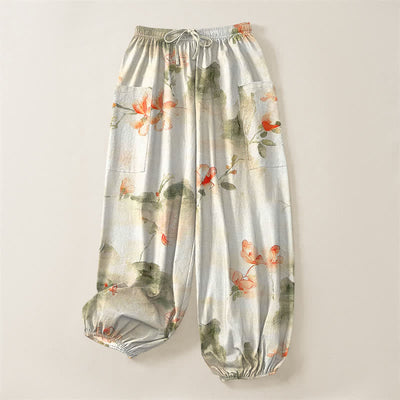 Buddha Stones Cotton Watercolor Floral Butterfly Pattern Women's Elastic Waist Harem Pants With Side Pockets - image 3