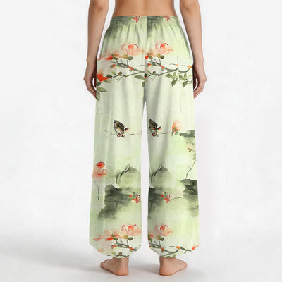 Buddha Stones Cotton Watercolor Floral Butterfly Pattern Women's Elastic Waist Harem Pants With Side Pockets - image 12