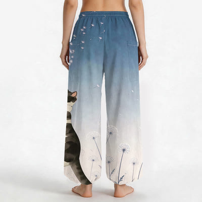 Buddha Stones Cotton Dreamy Cow Cat Dandelion Pattern Women's Elastic Waist Harem Pants With Side Pockets - image 2
