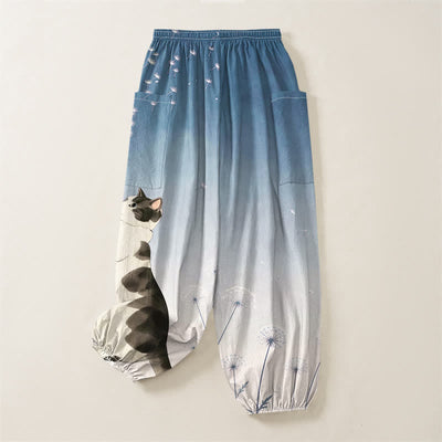 Buddha Stones Cotton Dreamy Cow Cat Dandelion Pattern Women's Elastic Waist Harem Pants With Side Pockets - image 4