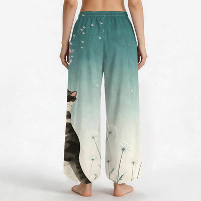 Buddha Stones Cotton Dreamy Cow Cat Dandelion Pattern Women's Elastic Waist Harem Pants With Side Pockets - image 9