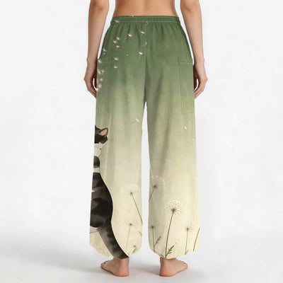 Buddha Stones Cotton Dreamy Cow Cat Dandelion Pattern Women's Elastic Waist Harem Pants With Side Pockets - image 12