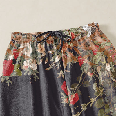 Buddha Stones Cotton Vintage Red Peony Flower Vine Pattern Women's Elastic Waist Harem Pants With Side Pockets - image 5
