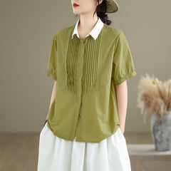 Buddha Stones Summer Casual Minimalist Button-Up Contrast Collar Pleated Women's Short Sleeve Shirts - DarkKhaki - US8-10, UK/AU12-14, EU40-42 (2XL) - image 0