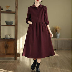 Buddha Stones Spring Minimalist Classic Button-Up Solid Maroon Women's Long Sleeve Dress With Pockets - Maroon - US8-10, UK/AU12-14, EU40-42 (2XL) - image 0