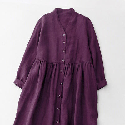 Buddha Stones Fall Casual Minimalist Button-Up Purple Women's Long Sleeve Dress With Pockets - image 4