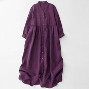 Foviel Fall Casual Minimalist Button-Up Purple Women's Long Sleeve Dress With Pockets