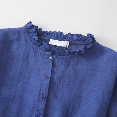 Buddha Stones Spring Fall Casual Vintage Button-Up Drawstring Blue Women's Long Sleeve Dresses With Pocket - image 2