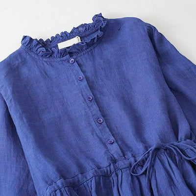 Buddha Stones Spring Fall Casual Vintage Button-Up Drawstring Blue Women's Long Sleeve Dresses With Pocket - image 3