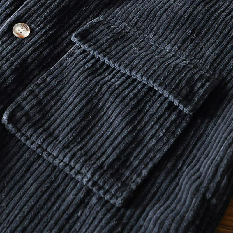 Buddha Stones Fall Winter Vintage Button-Up Solid Cotton Corduroy Men's Jackets With Pocket - image 3