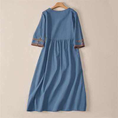 Buddha Stones Spring Ethnic Embroidery Half Sleeve Women's Midi Dress - image 22