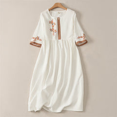 Buddha Stones Spring Ethnic Embroidery Half Sleeve Women's Midi Dress - White - US12，UK/AU16，EU44 (2XL) - image 0