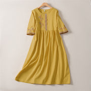 Foviel Spring Ethnic Embroidery Half Sleeve Women's Midi Dress