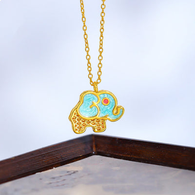 Buddha Stones 24K Gold Plated Copper Lucky Elephant Hollow Pendant Necklace - Green - image 1