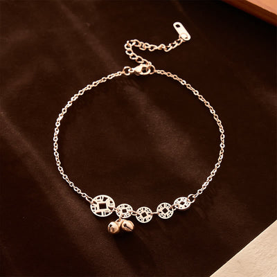Buddha Stones Copper Coins Bell Charm Titanium Steel Strengthen Anklet - Rose Gold Anklet(Circumference 21-26cm) - image 9