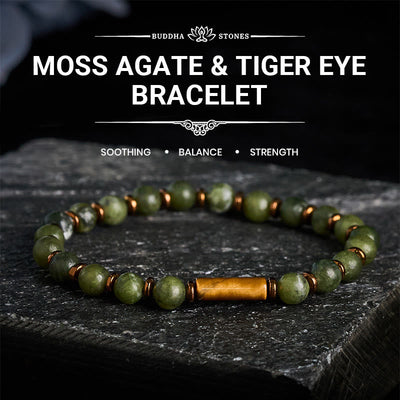 Buddha Stones Green Moss Agate Round Bead Tiger Eye Accent Bracelet - image 0