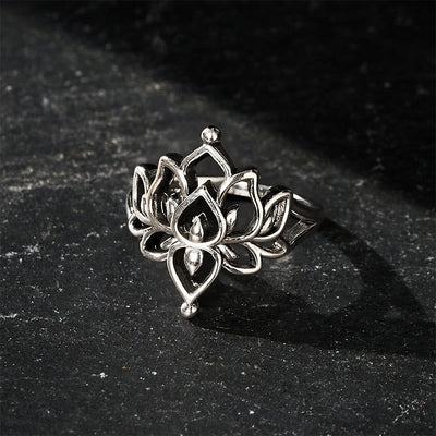 Buddha Stones Vintage Silver Tone Lotus Purity Statement Ring - image 3