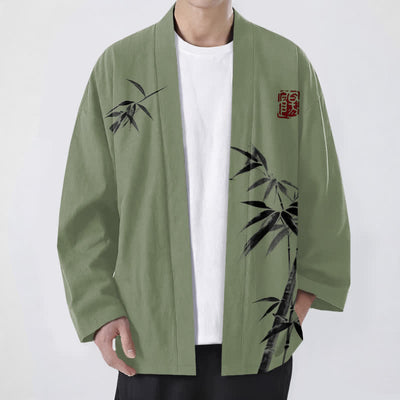 Buddha Stones Cotton Asymmetrical Ink Bamboo Pattern Open Front Men's Kimono - OliveDrab - US/UK/AU48，EU58 (4XL) - image 9