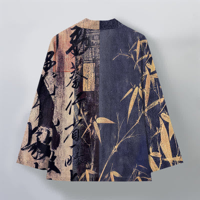 Buddha Stones Cotton Zen Calligraphy Bamboo Pattern Open Front Men's Kimono - image 2
