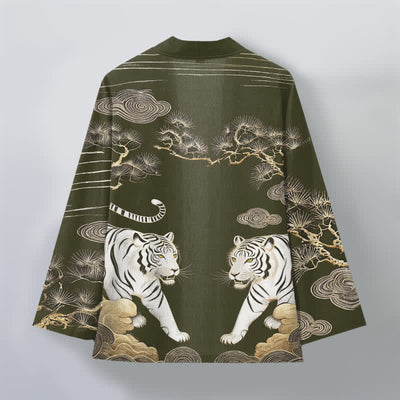 Buddha Stones Cotton White Tiger Cloud Pine Pattern Open Front Men's Kimono - image 2