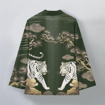 Buddha Stones Cotton White Tiger Cloud Pine Pattern Open Front Men's Kimono - image 8