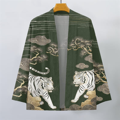 Buddha Stones Cotton White Tiger Cloud Pine Pattern Open Front Men's Kimono - image 7