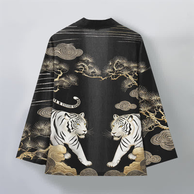 Buddha Stones Cotton White Tiger Cloud Pine Pattern Open Front Men's Kimono - image 11