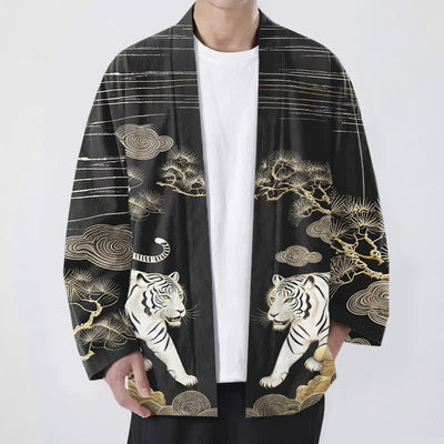 Buddha Stones Cotton White Tiger Cloud Pine Pattern Open Front Men's Kimono - Black - US/UK/AU48，EU58 (4XL) - image 9
