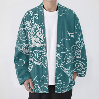 Buddha Stones Cotton Traditional Dragon Cloud Pattern Open Front Men's Kimono - Teal - US/UK/AU48，EU58 (4XL) - image 6